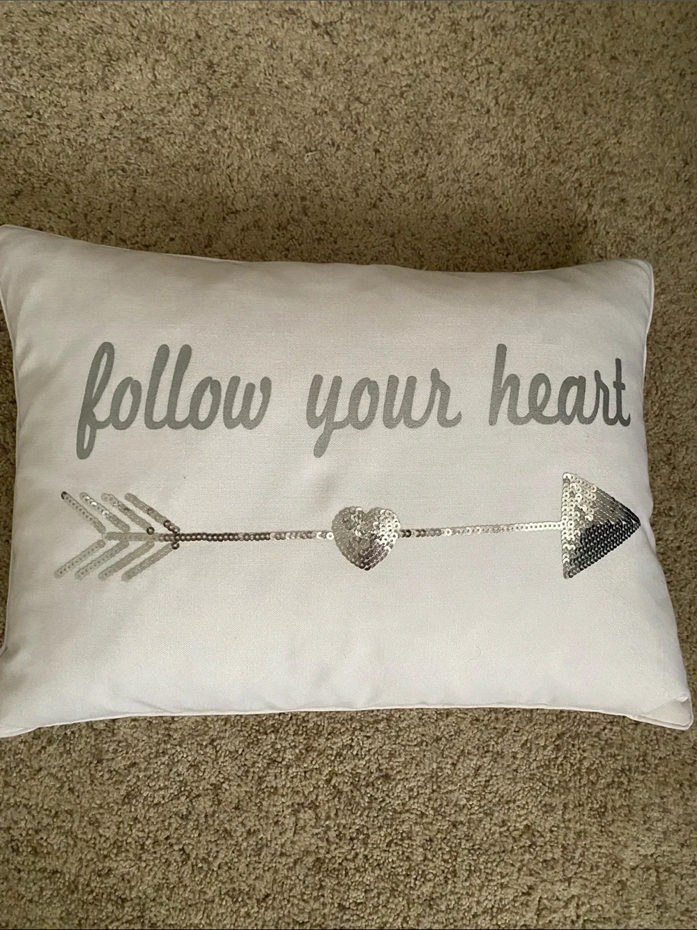 Follow Your Heart Silver Sequin Arrow Accent Pillow - White